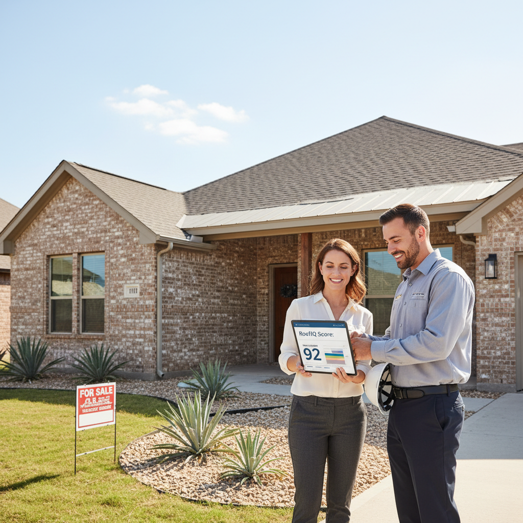 Texas homeowner and roofing inspector reviewing a tablet showing a RoofIQ score outside a home listed for sale