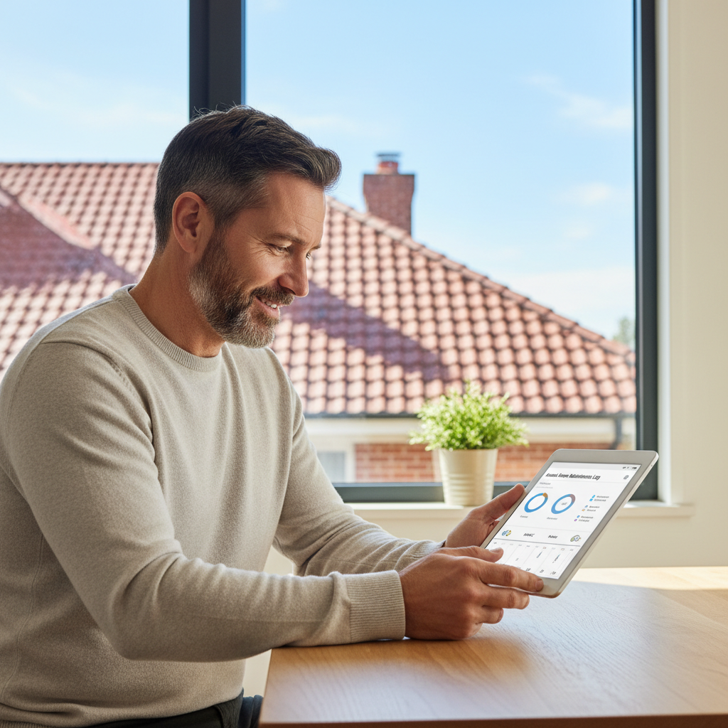 A homeowner reviewing a digital home maintenance history on a tablet, with a roof visible through the window behind them