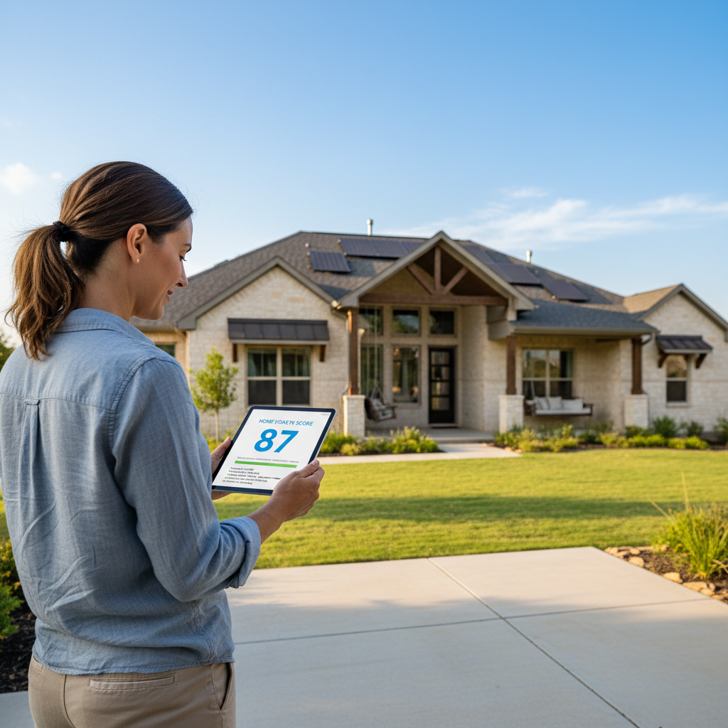 A homeowner reviewing a simple 0-100 home health score on a tablet with a well-maintained Texas home in the background