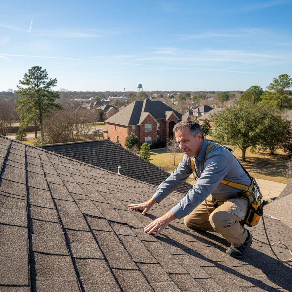 A roofing inspector examining shingles on a residential roof in East Texas on a clear day