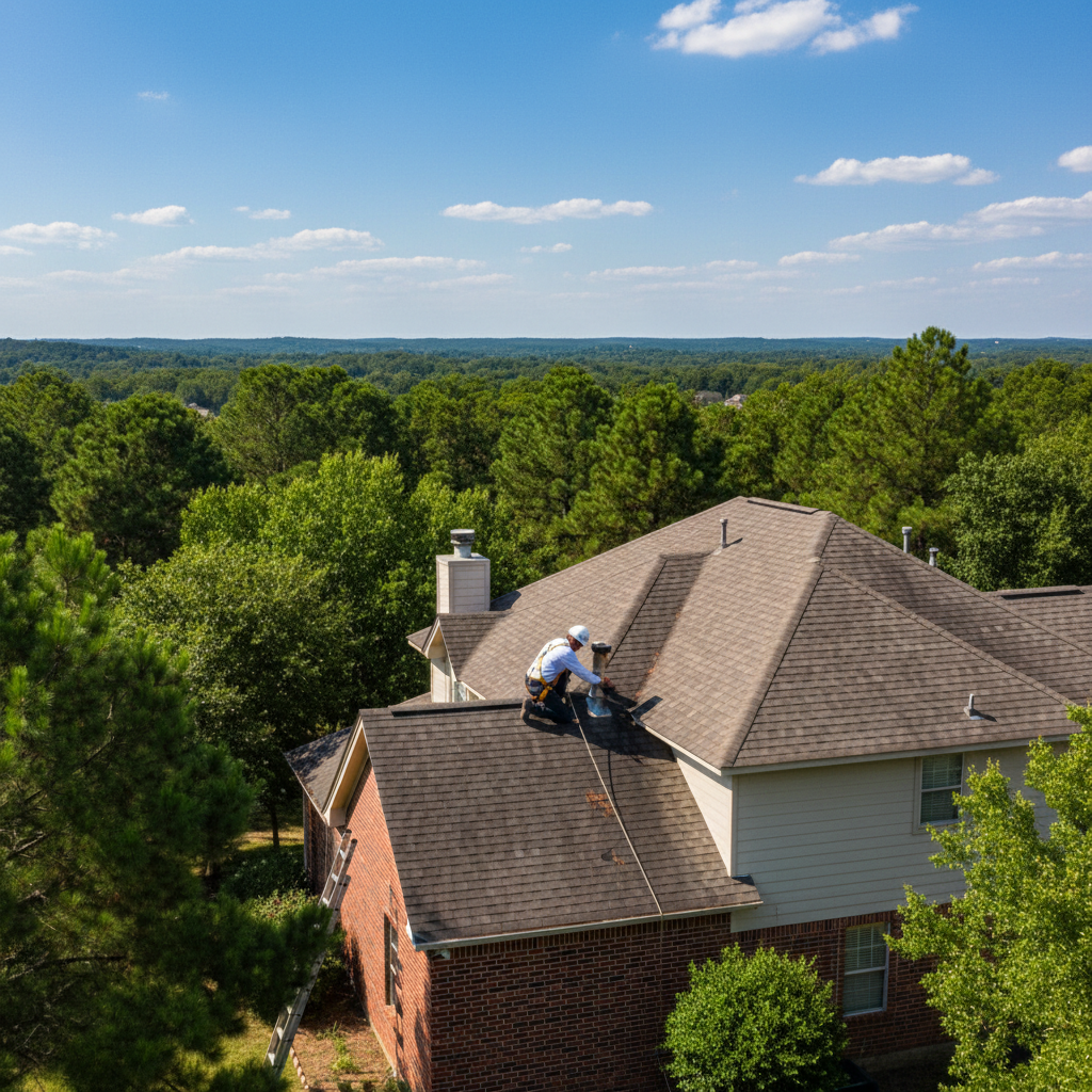 A professional roof inspector examining shingles and flashing on a residential home in East Texas on a clear day