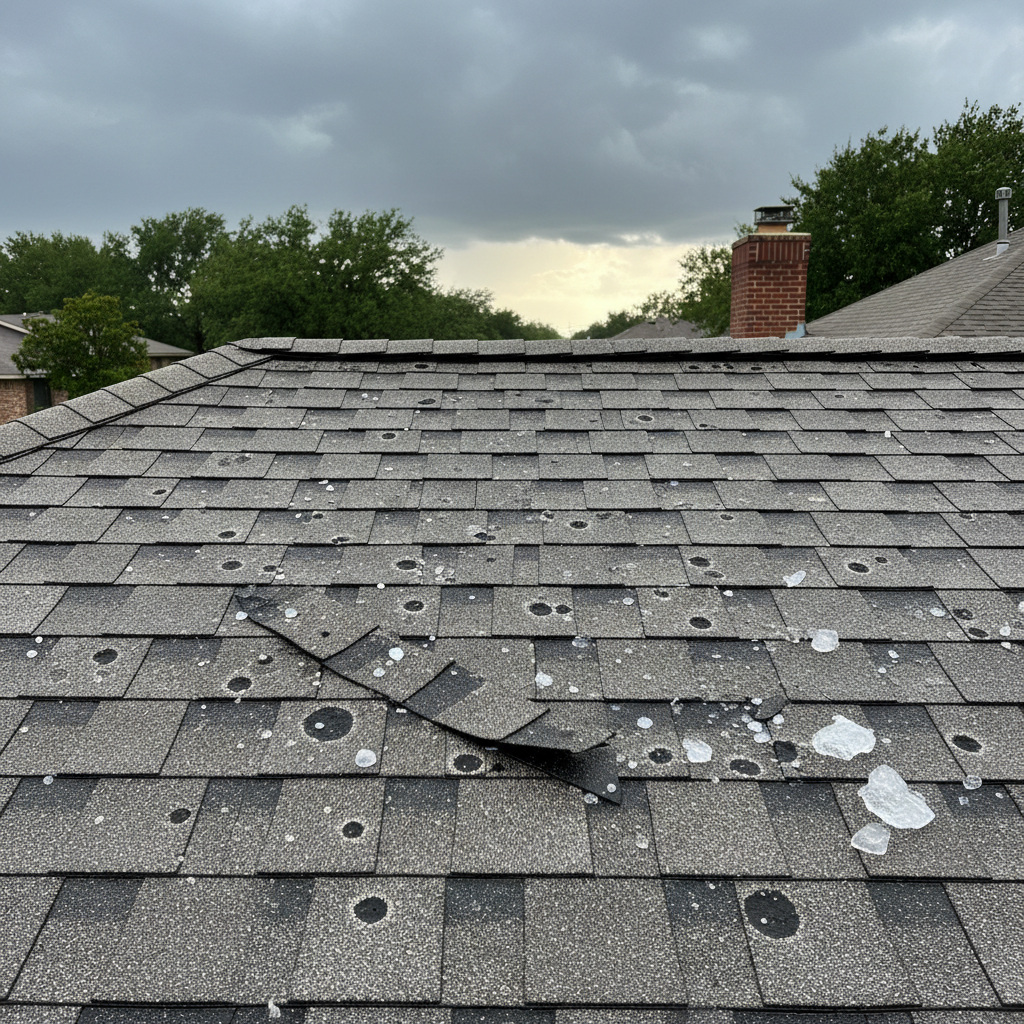 Close-up of hail-damaged asphalt shingles on a Texas home roof after a severe spring storm
