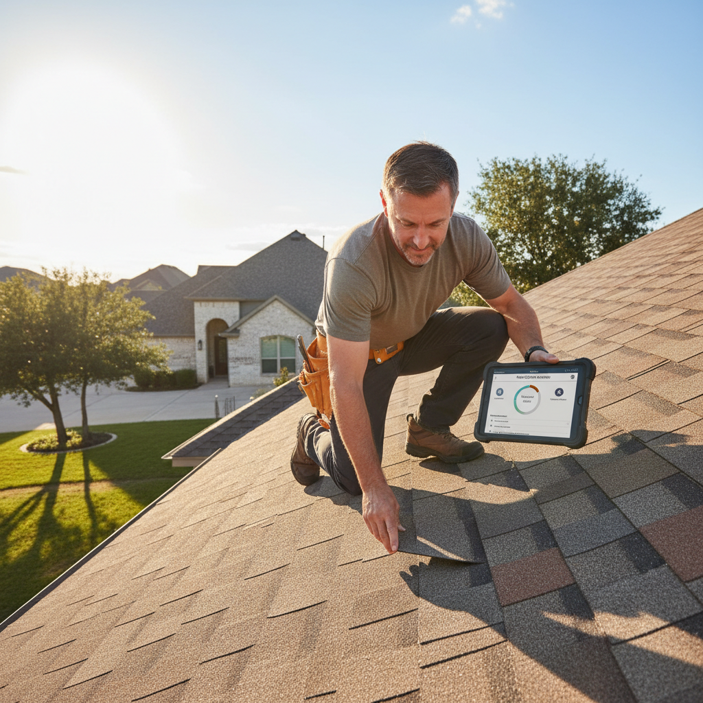 A professional roof inspector examining shingles on a Texas home on a sunny day, with a tablet showing a digital roof condition report