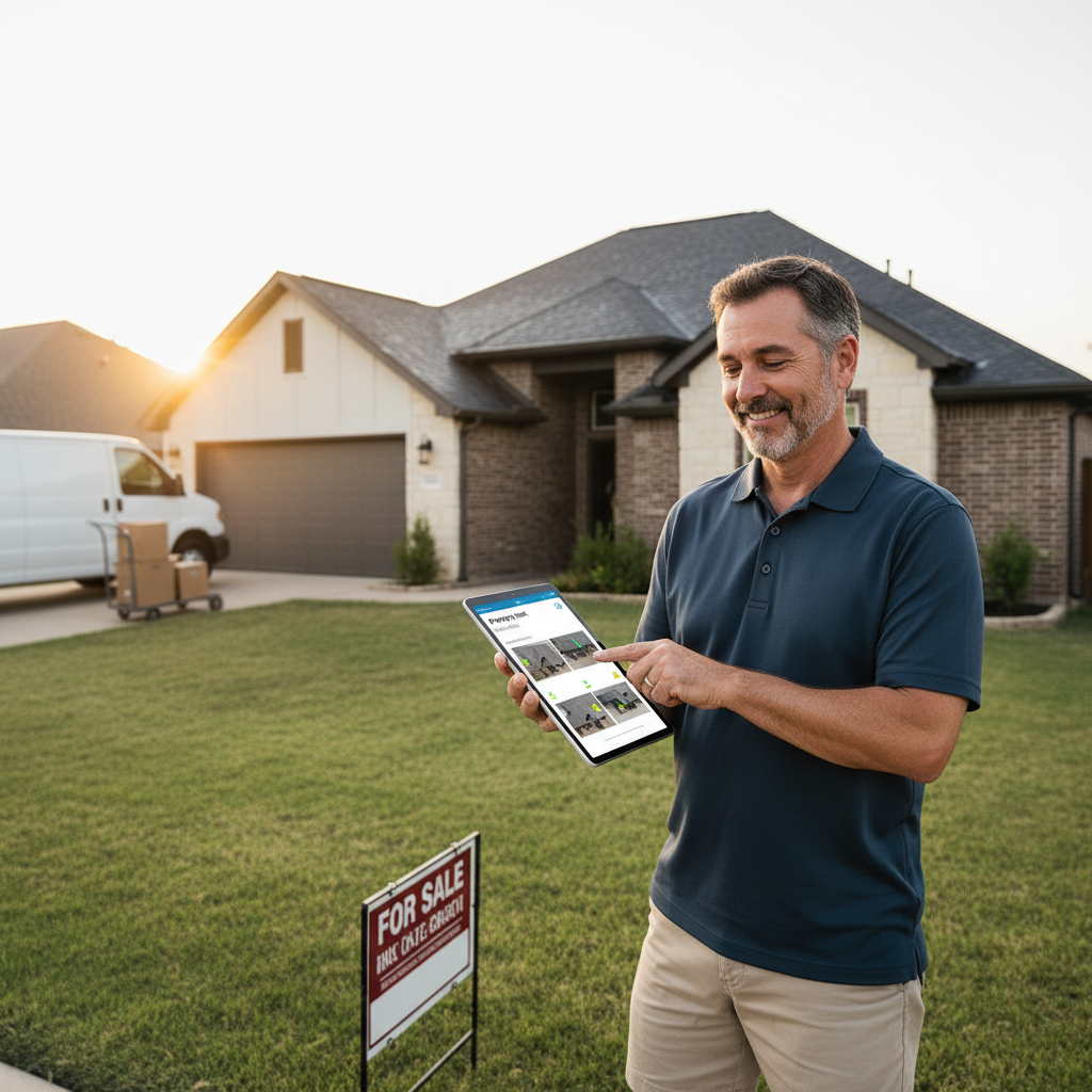 Texas homeowner reviewing a digital roof inspection report on a tablet while standing in front of their house preparing to list it for sale