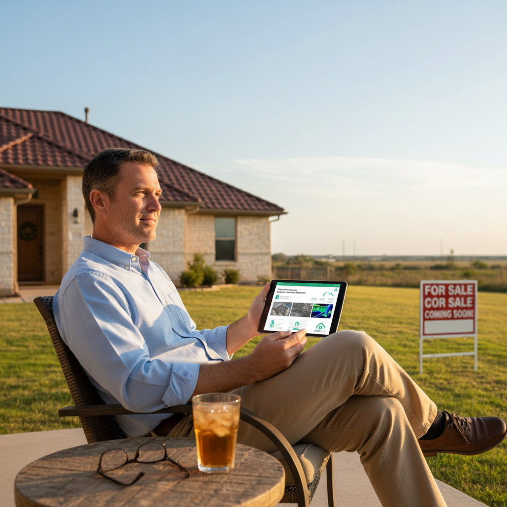 Texas homeowner reviewing a roof inspection report on a tablet before listing their home for sale