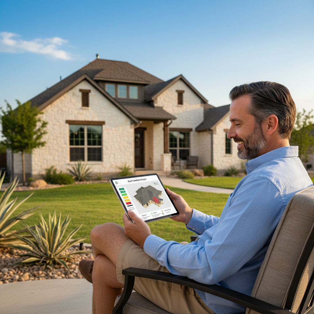 Homeowner reviewing a digital roof condition report on a tablet with a well-maintained Texas home and blue sky in the background