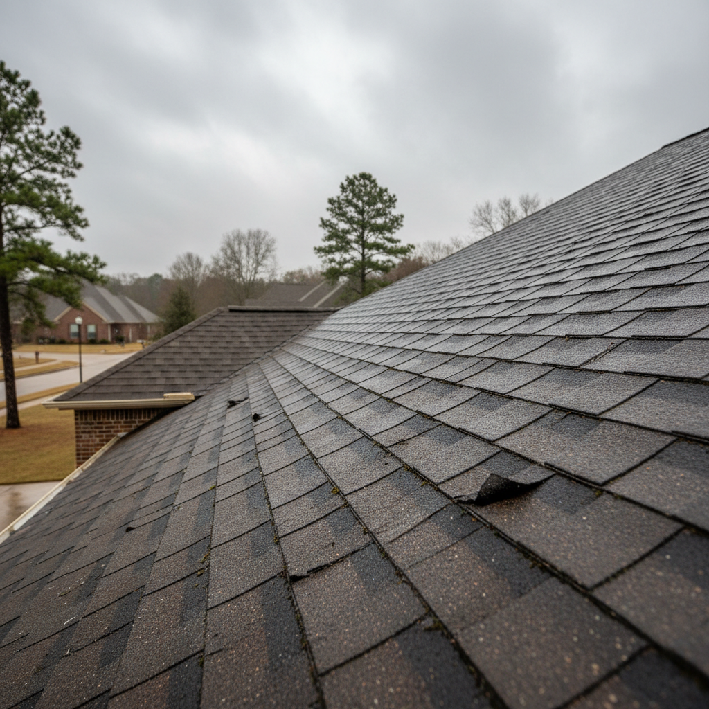 Close-up of weathered asphalt shingles on an East Texas home roof showing granule loss and storm wear under a cloudy sky