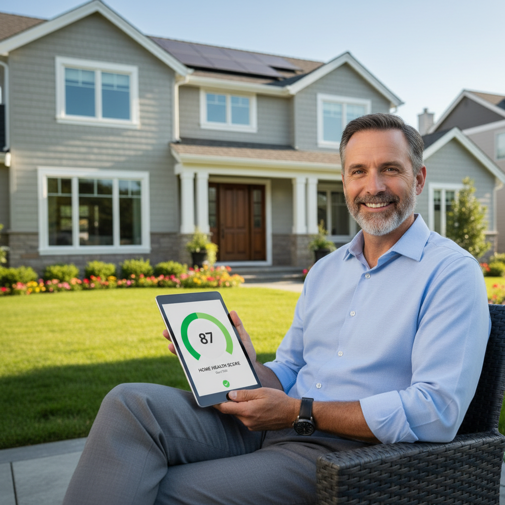A homeowner reviewing a simple 0-to-100 home health score on a tablet, with a well-maintained house visible in the background