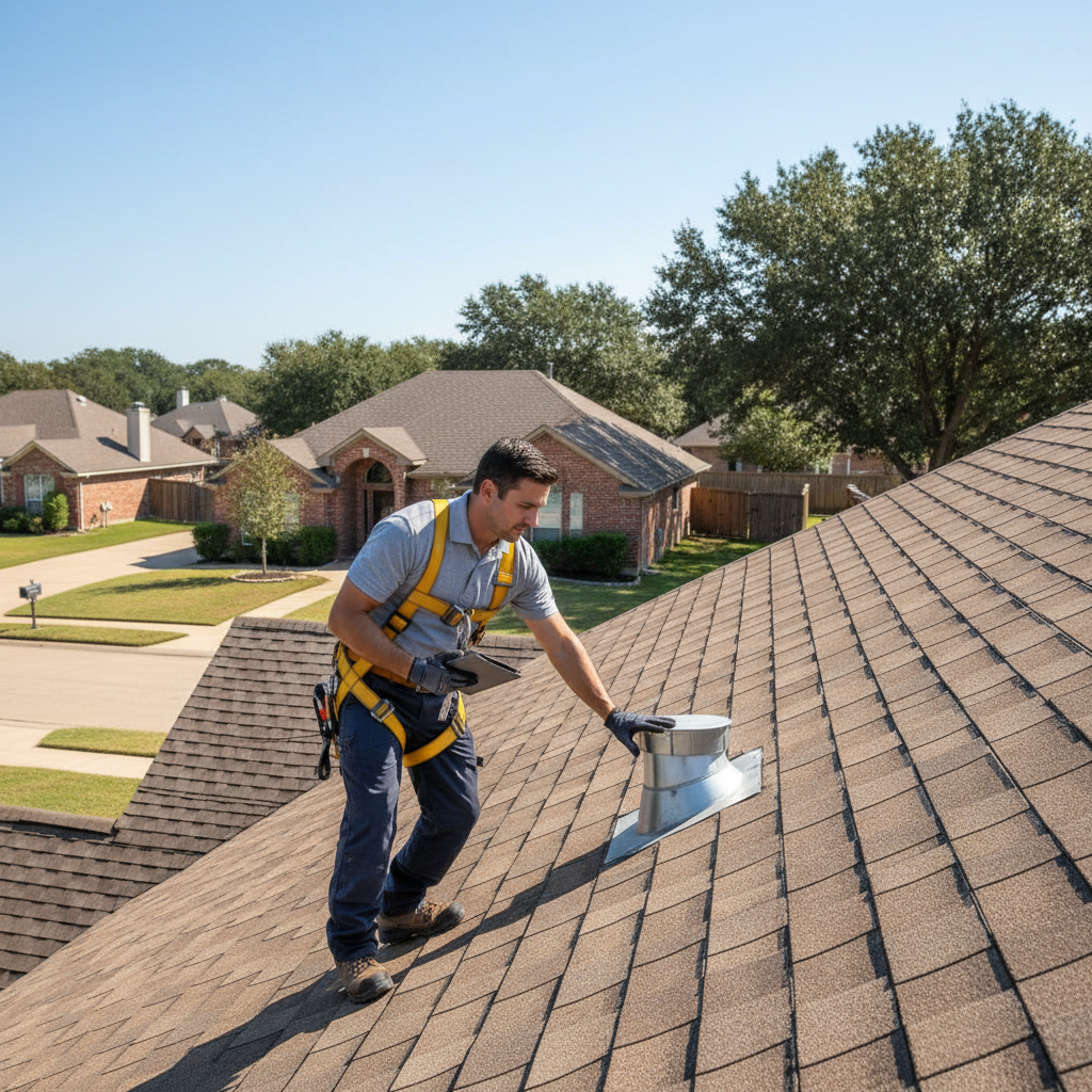 A professional roof inspector examining shingles and flashing on a residential home in Texas on a sunny day