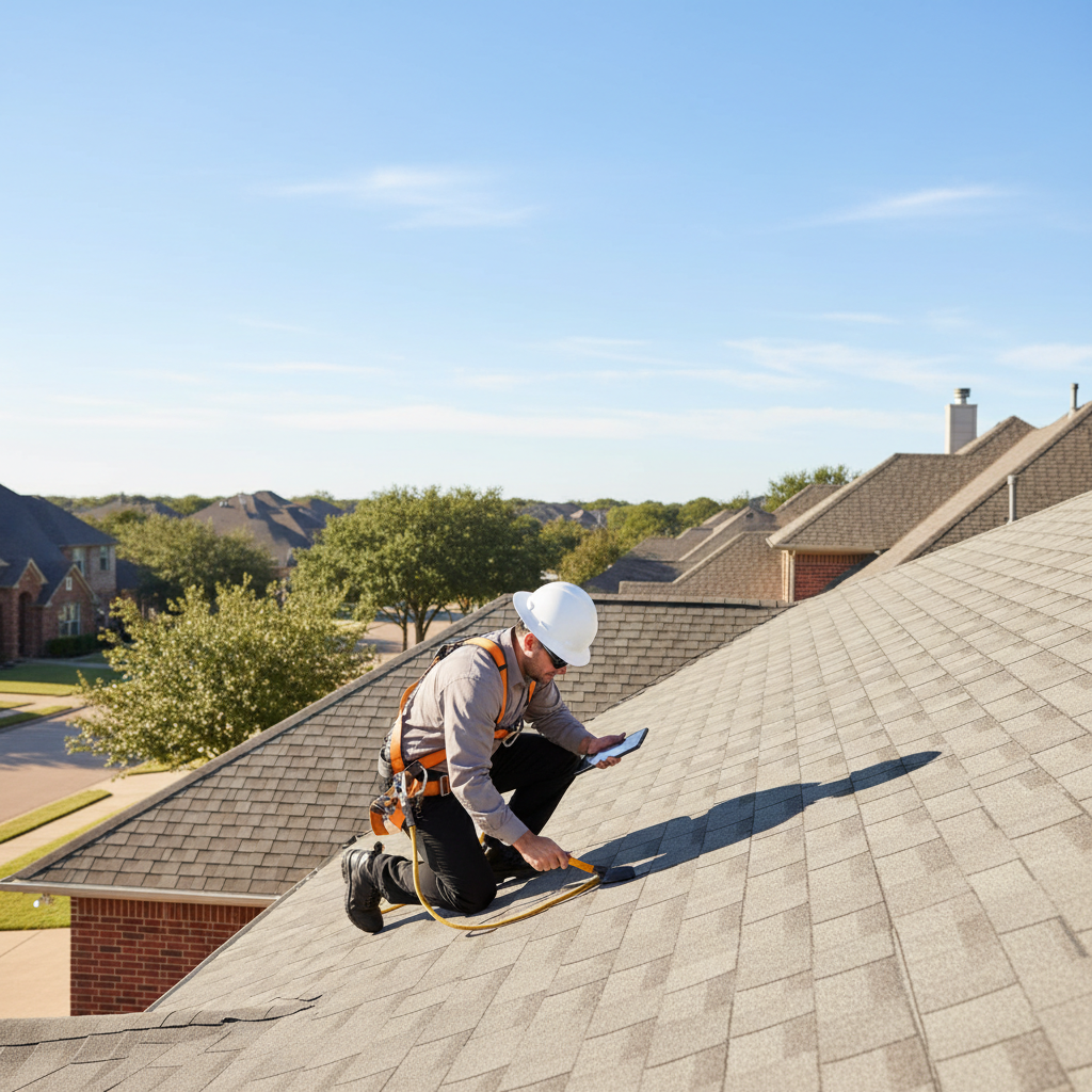 A professional roofing inspector examining shingles on a Texas home during a clear day