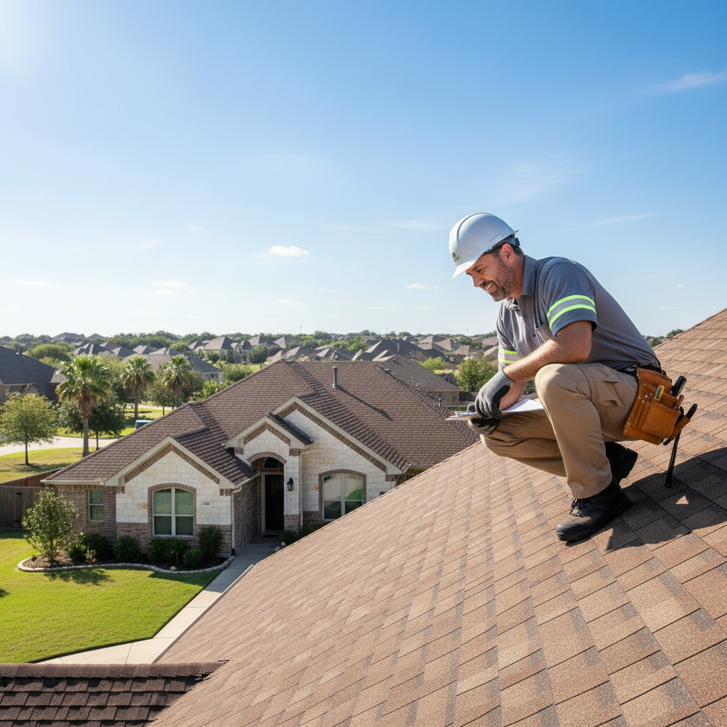 A roofing professional inspecting shingles on a Texas home under a clear blue sky, clipboard in hand