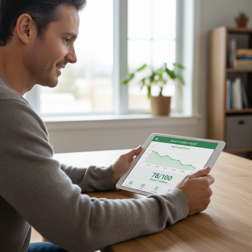 Homeowner reviewing a digital home condition report on a tablet showing a roof health score trend over multiple years