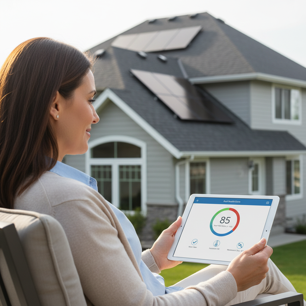 A homeowner on a tablet reviewing a simple 0-100 roof health score dashboard with a residential roof visible in the background