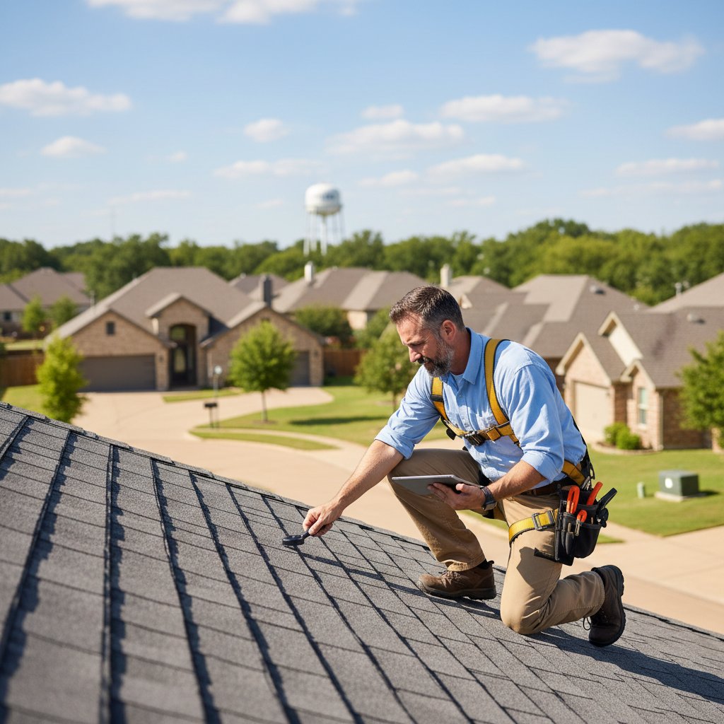 A roofing inspector examining shingles on a residential home in Tyler, Texas on a clear day